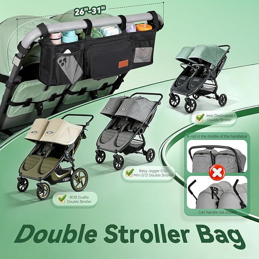 Guiseapue Double Stroller Organizer with 2 Insulated Cup Holders: Parent Console Double Jogging Stroller Accessories Fits for Baby Jogger City Mini GT2 and Jeep Double Stroller