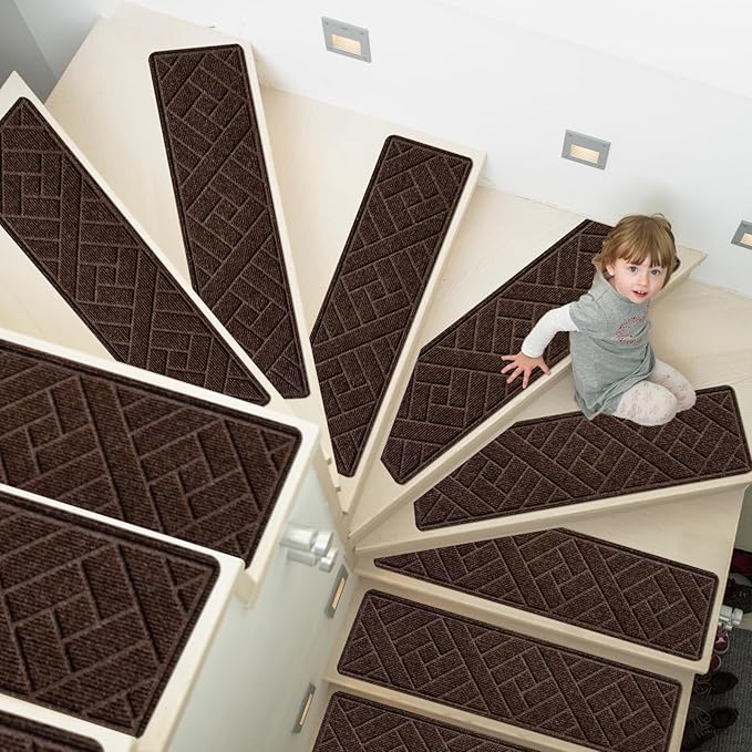 15 Pack 8 "X 30" Non-Slip Carpet Stair Treads for Indoor Wooden Steps, Made of Polyester and Reusable Adhesive, Suitable for Kids Elders and Pets(Brown Lines)