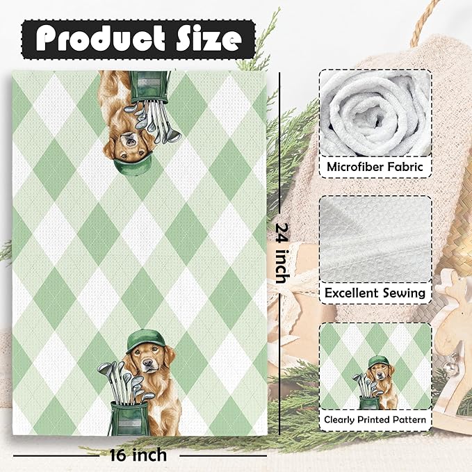 Golf Dog Kitchen Towels - Golden Retriever Cocker Spaniel Dish Towels, Sports Gifts, Pet Golf Club Decorative Absorbent Dishcloths Hand Towels Set of 2 for Spa Kitchen Gym Decor 16x24 Inches