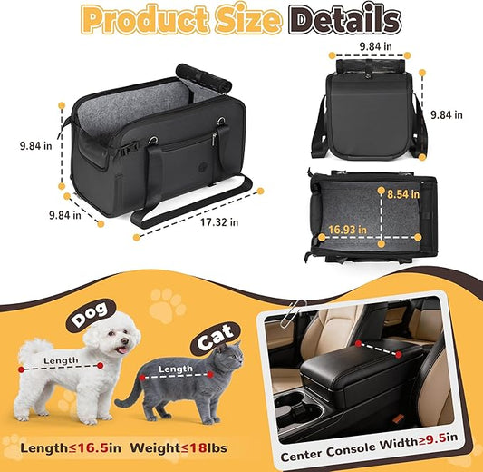 YUDODO Large Dog Car Seat for Center Console (Width>9.5in) Fits 10-18lbs, Anti-Slip Puppy Cat Travel Portable Booster Seat, Luxury Pet Car Bed Carseat PU Leather Black