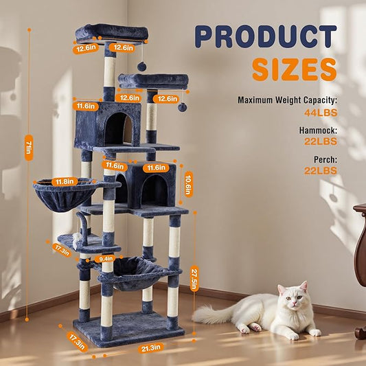 Large Cat Tree 71 Inch, Multi-Level Tall Cat Tree Tower with Condo, Perches, Sisal Scratching Posts and Hammock, Pet Play House with Dangling Balls for Indoor Cats, Dark Grey