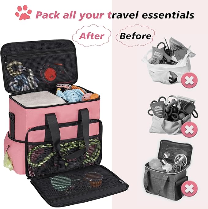 5 Set Dog Travel Bag for Supplies, Dog Lovers, Large Pet Travel Kit Includes 2 Food Containers, 2 Collapsible Bowls, Pink