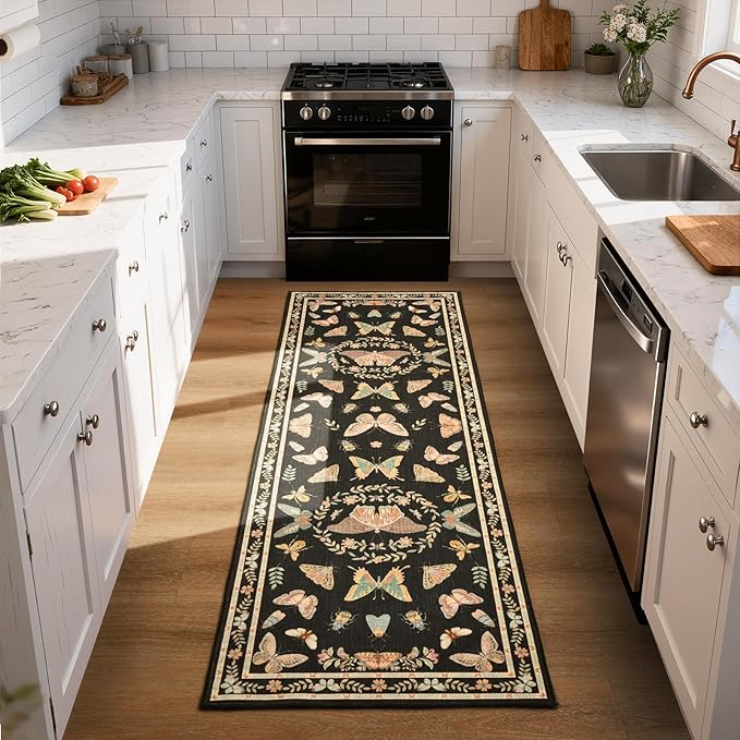 Unirea 2x6 Black Runner Rug, Washable Non Slip Insect Botanical Rug for Hallway, Kitchen, Bathroom, Laundry Room, Entryway, Bedroom, Soft Boho Door Mat Indoor Entrance Bug Rugs, Low Pile Carpet