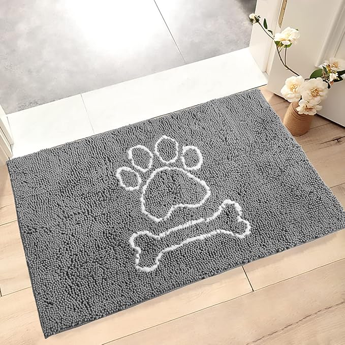 AROGAN Doormat Dog Chenille Doormats Indoor Entrance Grey, Pet Indoor Door Mats Washable for Mud Entry Busy Area Dogs Muddy Pawprints 30x48 Inch