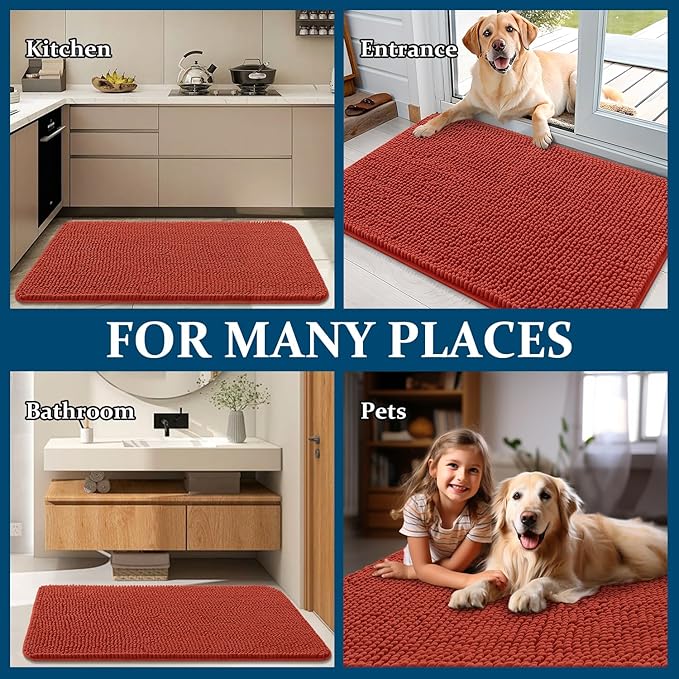 OLANLY Dog Door Mat for Muddy Paws 54x24, Absorbs Moisture and Dirt, Absorbent Non-Slip Washable Doormat, Quick Dry Chenille Mud Mat for Dogs, Entry Indoor Entryway Carpet for Inside Floor, Maple Red