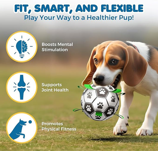 SunGrow Dog Soccer Ball, Interactive Tug-of-War Toy with Straps, Outdoor & Indoor Training, Mental Game and Physical Exercise for High-Energy Dogs, Small and Medium Breeds, 6”, 9.6 oz