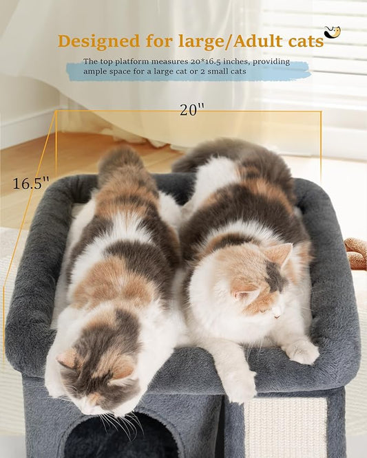 Aechonow Cat Tree for Indoor Large Cats, 14 Inch Cat Tower with 20x16.5 Inch Large Perch Bed, Cat Climbing Tree with Sisal Scratching Post for Adult Senior Cats, Removable Washable Mat, Dark Gray