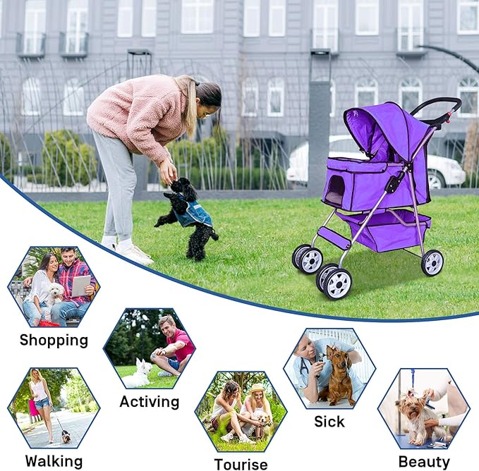 Best 4 Wheels Dog Cat Stroller, Lightweight & Foldable Pet Jogger, Carrier Strolling Cart W/Cup Holders Removable Liner - Purple