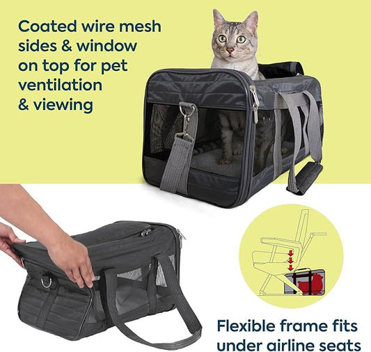 Sherpa Pet Carrier Airline Approved with Spring Wire Frame - Cat Carrier and Dog Carriers for Airline Travel and Vet Visits, Mesh Ventilation, Locking Zippers - Charcoal Grey, Large