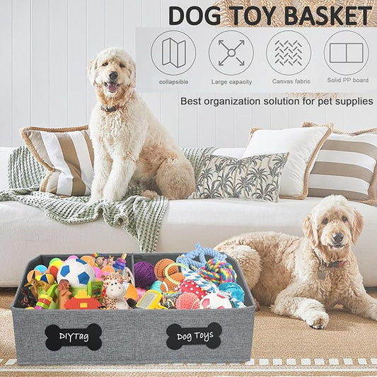 Large Dog Toy Basket,Dog Toy Box for Living Room Area,Collapsible Dog Toy Bin with Divider,Trapezoid Dog Toy Storage-with DIY Tag,Dog Organizer ideal for Pet Toys Blankets Leashes Snack