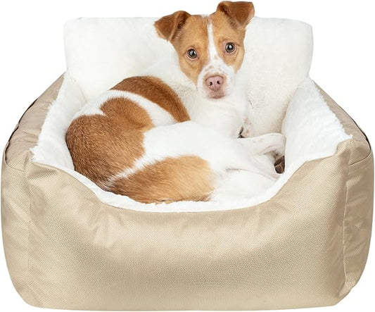 Best Pet Supplies Elevated Dog Car Seat for Small Dogs, Booster Seat with Safety Tether & Storage, Washable Travel Pet Seat for Front or Back Seat, Up to 25 lbs - Brown - 21 x 20 x 14