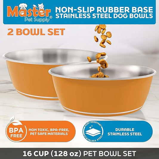 Master Pet Supply Stainless Steel Dog Bowls Set of 2 (128 Oz Each) with Non-Slip Rubber Base - Mango Tango - Basic Dog Food Bowl Water & Food Bowls for Small Medium Large Dogs & Cats, Metal Dish