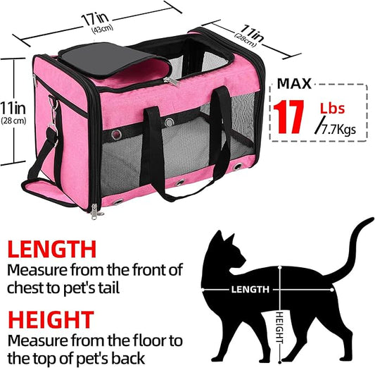 Soft Sided Cat/Dog Carrier,Collapsible Pets Travel Carriers for Pet/Puppy with Shoulder Strap & Removable Mat,Mesh Top Load Small Dogs/Cats Carry Bag Up to 17 Lbs TSA Airline Approved(Pink,M)