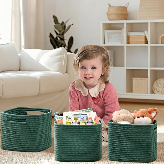 3 Pack Cube Storage Bin, 9”x9”x7” Cotton Rope Woven Baskets for Organizing Toys Clothes Towels, Square Gift Storage Baskets for Shelves, Nursery, Closet, Bathroom, Pantry (Green)