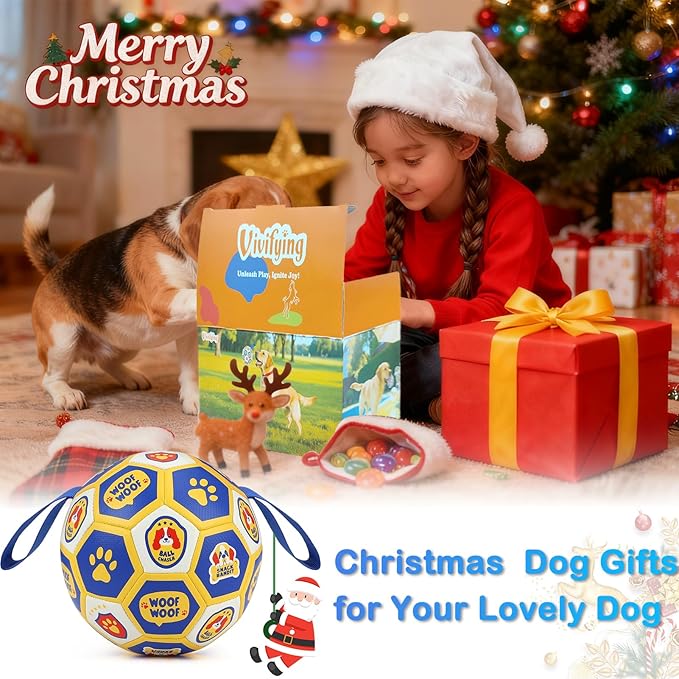 Vivifying Dog World Cup Soccer Ball Toy, 8 Inch Floatable Interactive Dog Toy for Large and Extra Large Dogs, Durable PU Enrichment Ball with Nylon Straps for Outdoor Fetch, Training & Playing