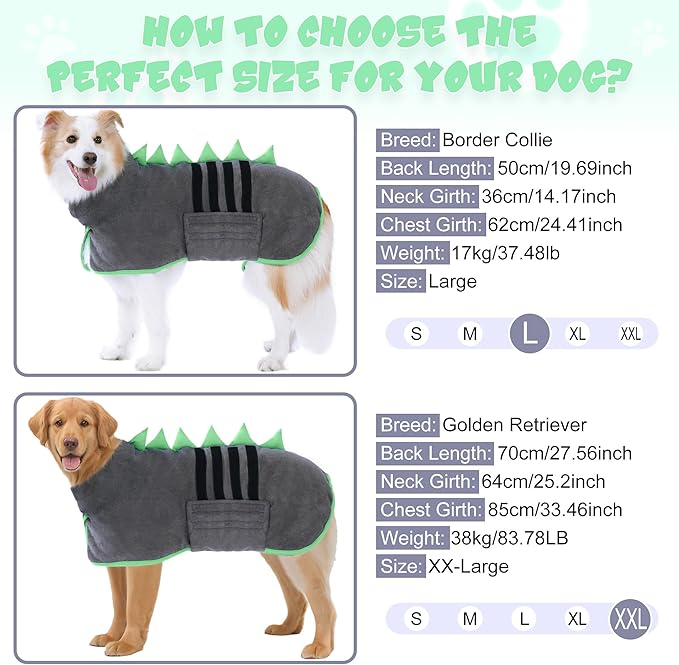 Super Absorbent Dog Bathrobe, Microfiber Bath Robe Towel for Fast Drying, Cozy Fit, Adjustable Belly Strap, Unique Dinosaur Design Dog Drying Coat for Bath, Rainy Walks & Cold Weather