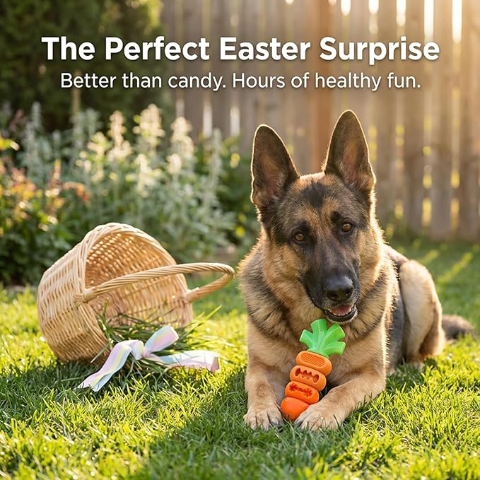 Tough Dog Toys for Aggressive Chewers Medium to Large Breed, Indestructible 7" Nylon & Rubber Carrot, Bacon Flavored Dental Chew Toy for Boredom, Easter Basket Stuffers for Dogs (20-70 lbs)