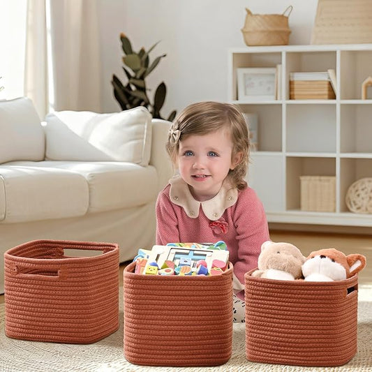 3 Pack Cube Storage Bin, 9”x9”x7” Cotton Rope Woven Baskets for Organizing Toys Clothes Towels, Square Gift Storage Baskets for Shelves, Nursery, Closet, Bathroom, Pantry (Red)
