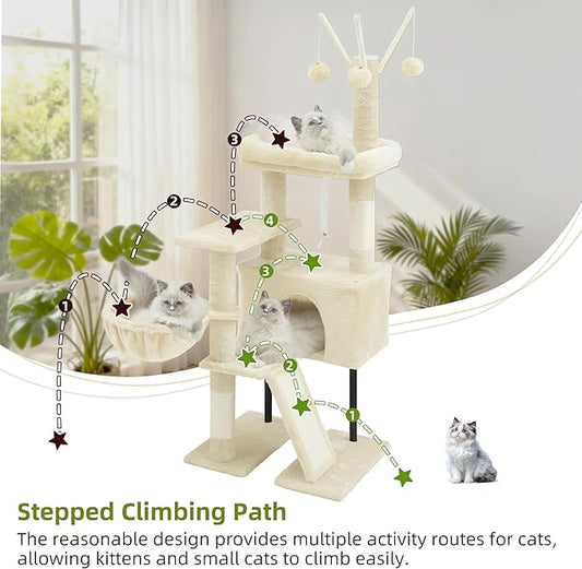 Gitelsnour Cat Tree for Indoor Cats, Cat Tower with Scratching Post for Small Cats and Kittens, Cat House with Removable Top Platform and Fluffy Balls, Hanging Cat Basket, Beige GCT006SM