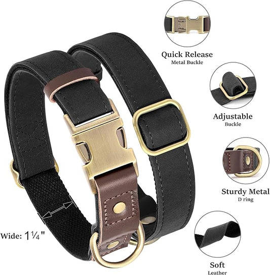 Didog Soft PU Leather Dog Collar for Large Dogs,Classic Adjustable Wide Dog Collars with Quick Release Metal Buckle,Easy Clean and Comfortable with Nylon Lining,Black,XL Neck 20-27", Width 1.2"