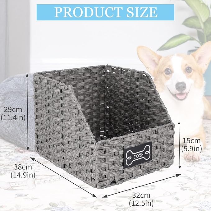 Dog Toy Basket Large Foldable Portable Rattan Dog Toy Storage Organizer for Living Room Bedroom Entryway Floor Corner Pet Toys Basket with Label, Dogs Toys Bin for Cats, Dogs and Pets-Grey
