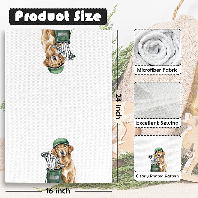 Golf Dog Kitchen Towels - Golden Retriever Dish Towels, Sports Gifts, Pet Golf Club Decorative Absorbent Dishcloths Hand Towels for Spa Gym Kitchen Decor 16x24 Inches
