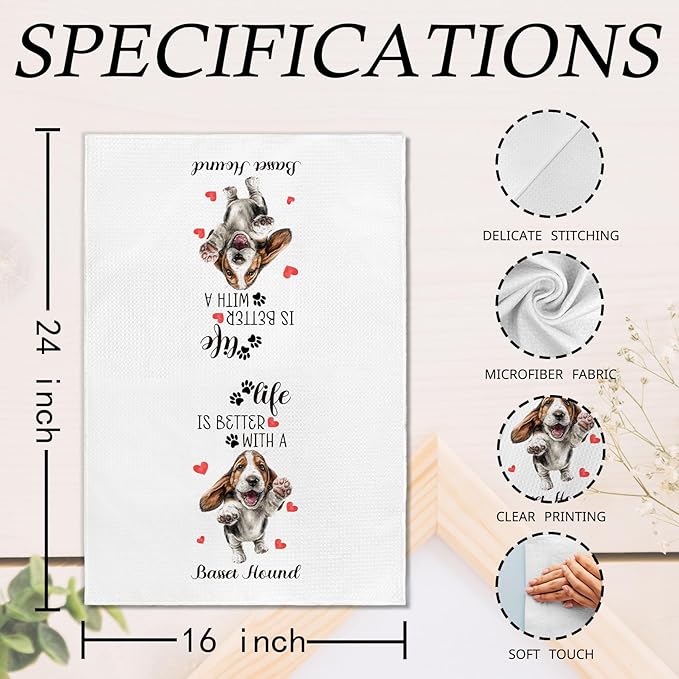 Basset Hound Gifts Kitchen Towels Set of 2, Funny Dog Hand Towels for Bathroom Kitchen Decor, Basset Hound Gifts for Women Dog Owners, Gift forDog Lovers Moms Dishcloths Dish Towel 16X24 Inches