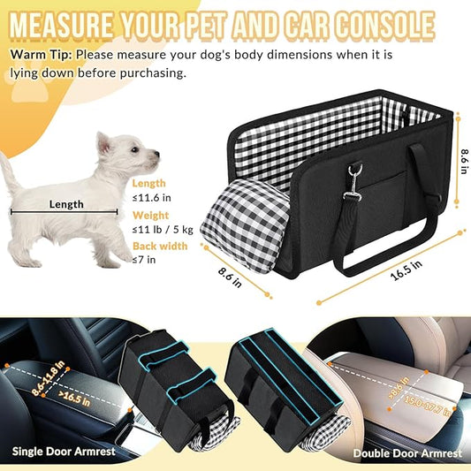 SlowTon Console Dog Car Seat - Portable Dogs Armrest Booster Seat for Small Dog, Anti-Collapse Pet Car Seat with Soft Cushion Safety Belt, Support Pet Up to 11lbs (Black)