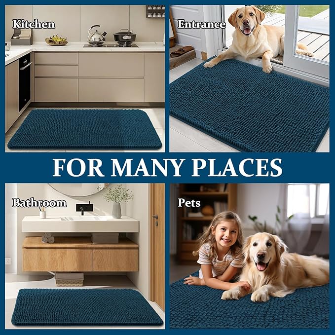 OLANLY Dog Door Mat Set 2-Piece 36x24, Absorbs Moisture and Dirt, Absorbent Non-Slip Washable Doormat, Quick Dry Chenille Mud Mat for Dogs, Entry Indoor Entryway Carpet for Inside Floor, Atlantic Blue
