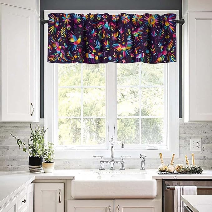 Mexican Style Valances Curtain for Kitchen Cafe, Flowers Leaves Birds Animal Background Print Window Treatment Valances Short Curtains Rod Pocket Drape for Dining Room Home Decor, 54x18inch