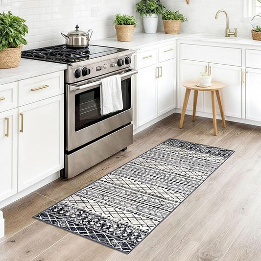 KUTA Moroccan Washable Runner Rugs 2x5, Non-Slip Vintage Black Navy Blue Boho Hallway Kitchen Rugs Ultra Soft Geometric Floor Carpet Runners for Bedroom Laundry Living Room