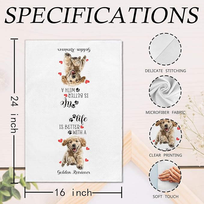 Golden Retriever Kitchen Towels Set of 2, Golden Retriever Gifts, Dog Funny Hand Towels for Kitchen Decor, Gifts for GoldenRetriever Women Dog Lovers Dishcloths Dish Towel 16X24 Inches