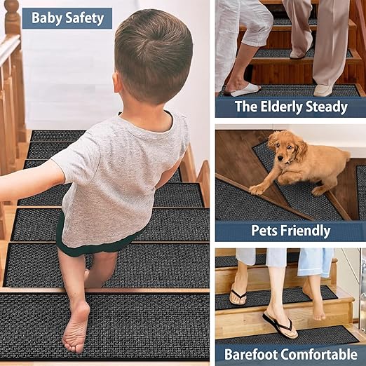 Peel and Stick Stair Carpet Treads for Wooden Steps,15 Pack Indoor Black Stair Mats, Basement Safety Stick On Stair Rug Step Pads for Pet Dog, Elders and Kids