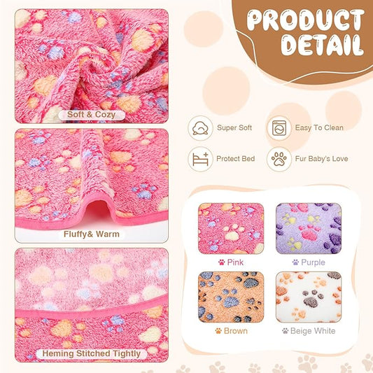 Tatuo 4 Pcs Dog Blanket for Pet Cat Blankets Indoor Puppy Teething Stuff Toys Paw Print Fleece Soft Blanket Sleep Mat for Guinea Pig Cage(White, Coffee, Pink, Purple,29 x 29 Inches,Round)
