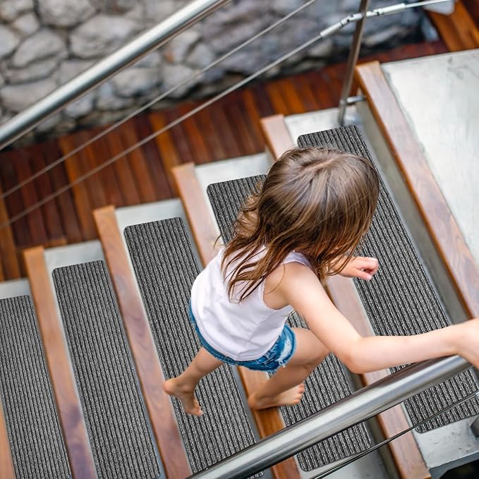 Stair Treads for Wooden Steps - Non Slip Stairs Carpet Tape Peel and Stick with Double Adhesive Tape Set of 15 Stripe- Grey