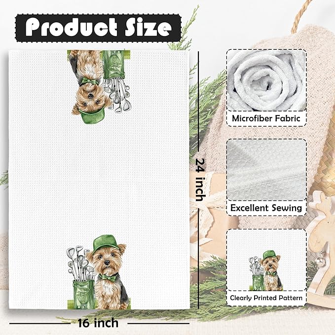 Golf Dog Kitchen Towels - Yorkshire Terrier Dish Towels, Sports Gifts, Pet Golf Club Decorative Absorbent Dishcloths Hand Towels for Kitchen Gym Spa Decor 16x24 Inches