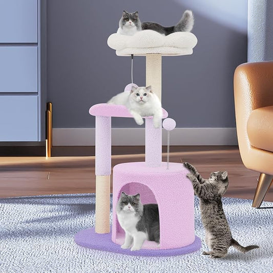 Magshion Flower Cat Tree for Indoor Cats, 33" Cute Cat Tower with Scratching Post, Condo, Top Flower Perch and Dangling Balls, Compact Cat Stand for Kittens, Purple