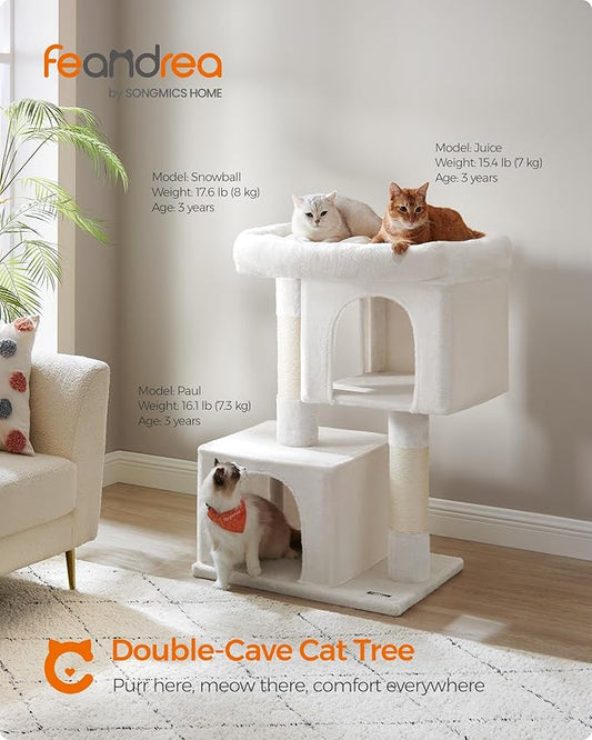 Feandrea Cat Tree, 40.6-Inch Cat Tower, Plush Condo for Extra Large Cats up to 44 lb, Large Perch, 2 Caves, Scratching Post, Cream White UPCT614T01