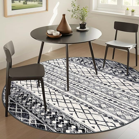 KUTA 6Ft Round Boho Rug for Living Room, Moroccan Washable Circle Area Rugs Non Slip, Black Navy Blue Soft Geometric Bedroom Throw Low-Pile Carpet for Nursery Dorm