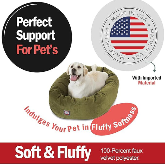 Majestic Pet 40 Inch Micro Velvet Calming Dog Bed Washable – Cozy Soft Round Dog Bed with Spine for Head Support - Fluffy Donut Puppy Mat 40x29x9 (inch) Large – Fern