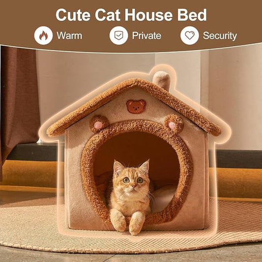 JIUPETY Cute Small Dog House Indoor, Foldable House Kennel Bed Mat with Cushion, L Size Tent for 15-20 lb Dogs and 18-22 lb Cats, Dog Cave Bed with Non-Slip Bottom, Brown