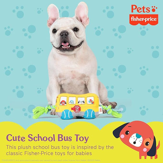 Fisher-Price for Pets School Bus Rope Toy for Dogs, Dog Tug Toy with Rope, Plush Dog Toy with Squeaker Inside, Developmental Dog Toys