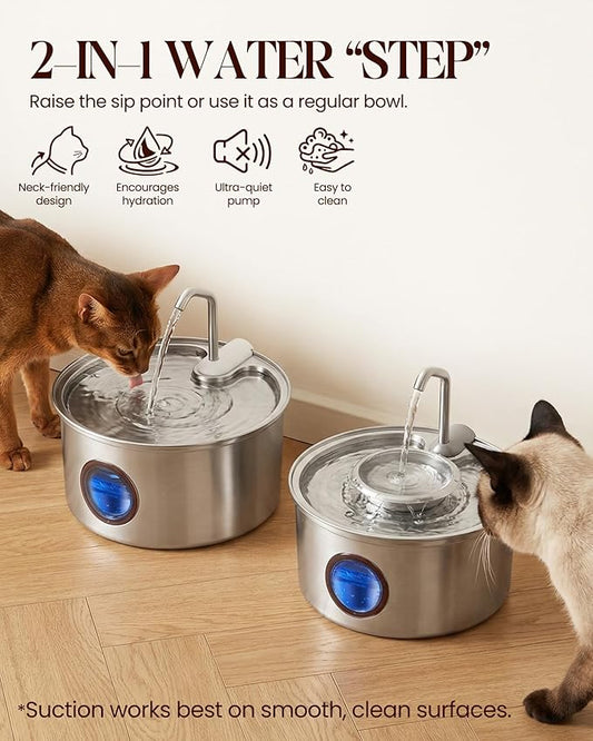 Cat Water Fountain,108oz/3.2L Stainless Steel Cat Fountain and Removable Water Bowl,Pet Fountain with Water Level Window,Quiet Pump,Multi-Filter, Water Tap, Provides Flowing,for Dog Cats