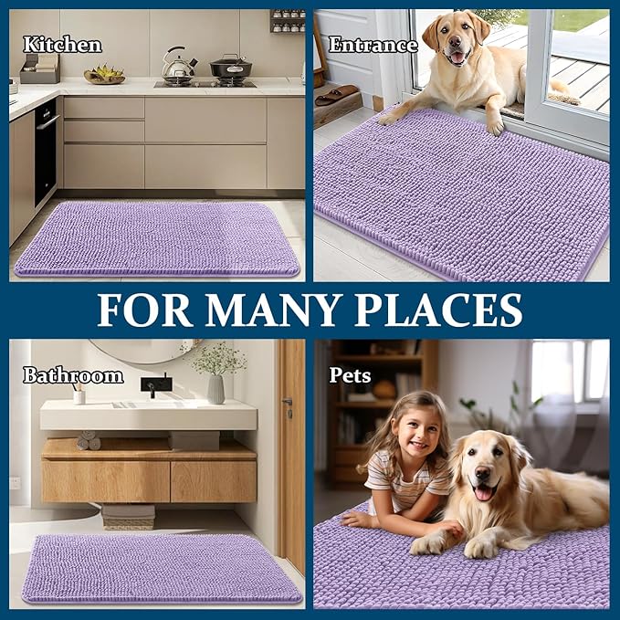 OLANLY Dog Door Mat for Muddy Paws 24x16, Absorbs Moisture and Dirt, Absorbent Non-Slip Washable Doormat, Quick Dry Chenille Mud Mat for Dogs, Entry Indoor Entryway Carpet for Inside Floor, Lavender