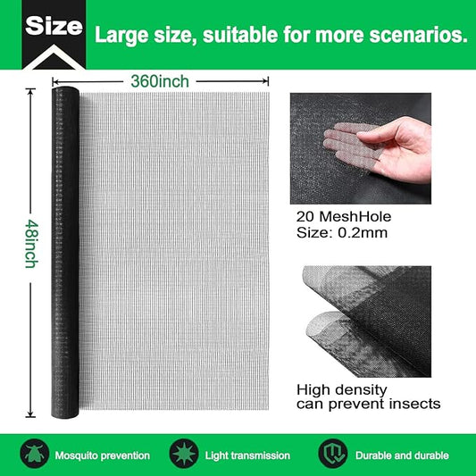 QWR Pet Proof Window Screen and Screen Door Replacement, 48"x 360" Upgraded Durable Thickened Vinyl Coated Wire-Like Mesh for Sliding Screen Door,Patio,Windows(Rolled Package Without Tool Kit)