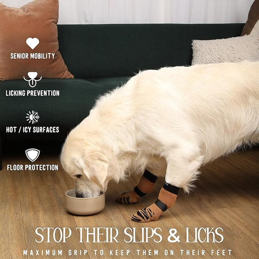 DOK TigerToes Premium Non-Slip Dog Socks for Hardwood Floors - Extra-Thick Grip That Works Even When Twisted - Prevents Licking, Slipping, and Great for Dog Paw Protection (Cool Caramel, Large)