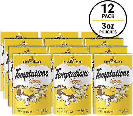 Temptations Cat Treats Classic Crunchy and Soft Cat Treats, Tasty Chicken Flavor, 3 oz. Pouch (Pack of 12)
