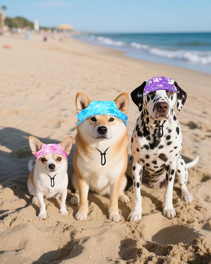 PET SHOW Dog Bucket Hat Paw Print Dog Visors for Small Medium Dogs Waterproof Outdoor Pet Sun Hats with Ear Holes Round Brim Adjustable Drawstring Boy Puppy Cap-Blue/M
