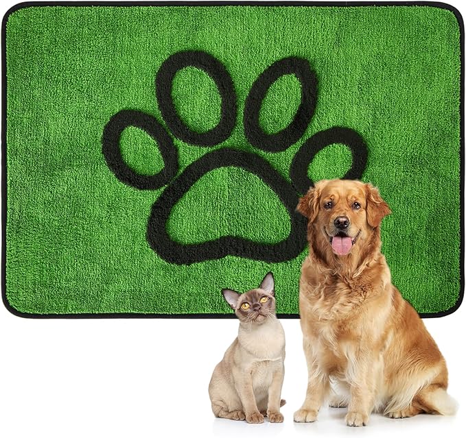 Qeils Dog Door Mat for Muddy Paws 35x24, Absorbs Moisture and Dirt, Absorbent Non-Slip Washable Dog Rug, Mud Mats for Dogs, Entry Indoor Door Mat for Inside Floor, Green