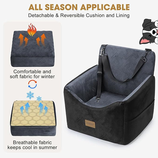 JOEJOY Dog Car Seats for Small Medium Dogs Under 35lbs, Dog Booster Seat with Detachable Washable Cover and Cushion, Memory Foam Pet Car Seat with Safety Belt and Storage Pockets (DG)